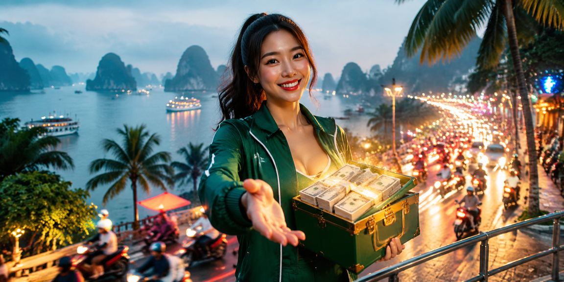 Vịnh Hạ Long về đêm với ánh đèn neon phản chiếu mặt nước gợi lên không khí giải trí sôi động