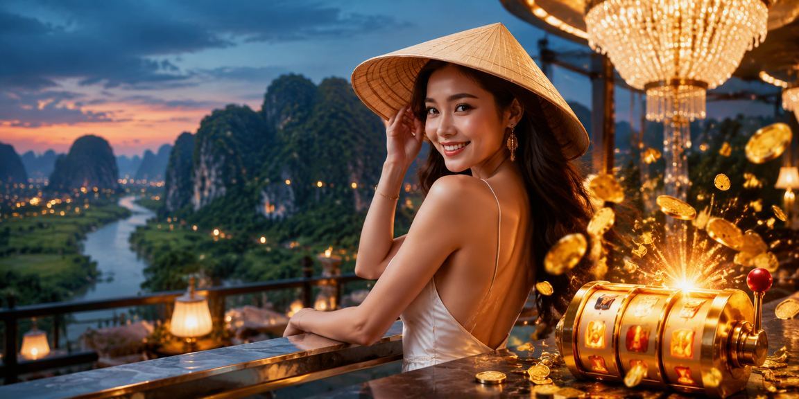 Người dùng Ninh Bình chơi slot game trên di động bên cánh đồng lúa với nón lá